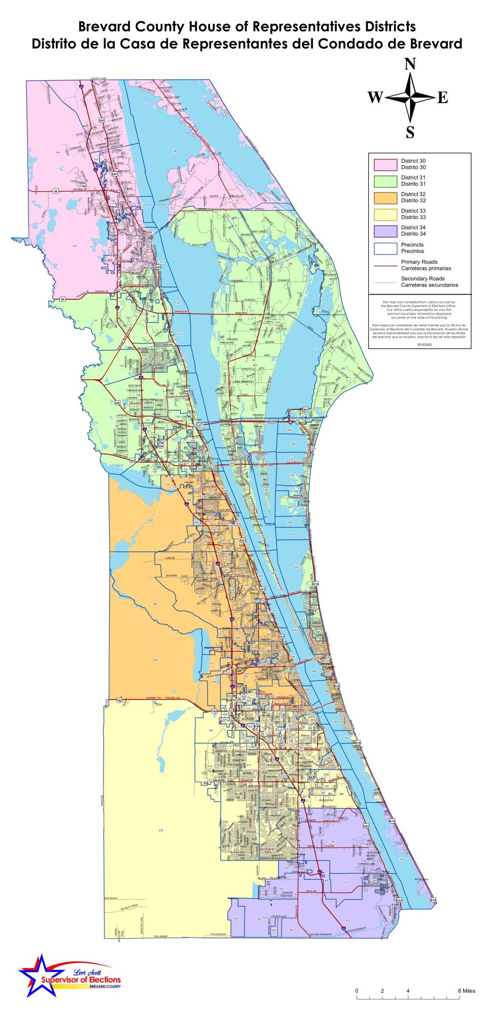 These are the five Florida House of Representatives districts in Brevard County. District 30 to the north also goes into Volusia County, and District 34 to the south also goes into Indian River County.