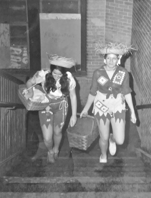 Teenage best friends Dorothy Phillips, left, and Rosemary Marshall wear matching costumes in this undated photo.