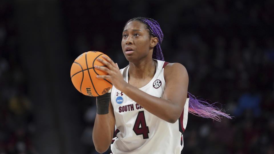 South Carolina forward Aliyah Boston shoots the ball during the first half of a first-round game against Howard in the NCAA women's college basketball tournament Friday, March 18, 2022 in Columbia, S.C. (AP Photo/Sean Rayford)