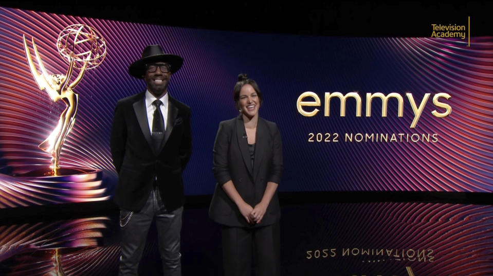 In this video grab issued Tuesday, July 12, 2022 by The Television Academy, J.B. Smoove, left, and Melissa Fumero present the nominees for the 74th Primetime Emmy Awards. (The Television Academy via AP)