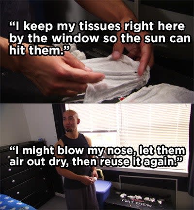 A man sun drying his used tissues so he can use them again