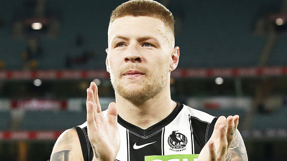 Jordan de Goey has been handed a suspended fine of $25,000 by Collingwood in response to his actions on leaked footage from a Bali nightclub last weekend. (Photo by Daniel Pockett/AFL Photos/via Getty Images)