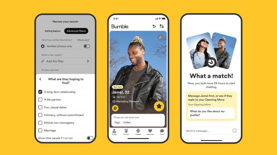 Bumble is adding updated "dating intentions" tags and additional profile photos as part of an app relaunch. - Bumble