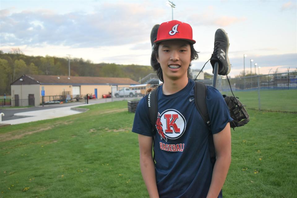 Chris Napoli, who played first base for the RC Ketcham High freshman team, wore the team's cap, with an "I' for Indian, and the team t-shirt, with the district's feather imagery.