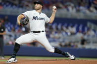 Miami Marlins starting pitcher Daniel Castano throws during the first inning of a baseball game against the New York Mets, Sunday, June 26, 2022, in Miami. (AP Photo/Lynne Sladky)