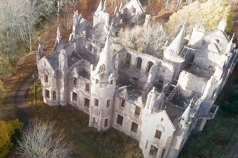 The once-grand mansion is now a skeletal ruin