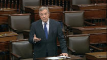 In this image from video, Sen. Dick Durbin, D-Ill., speaks on the Senate floor at the U.S. Capitol in Washington, Sunday, March 22, 2020. (Senate Television via AP)