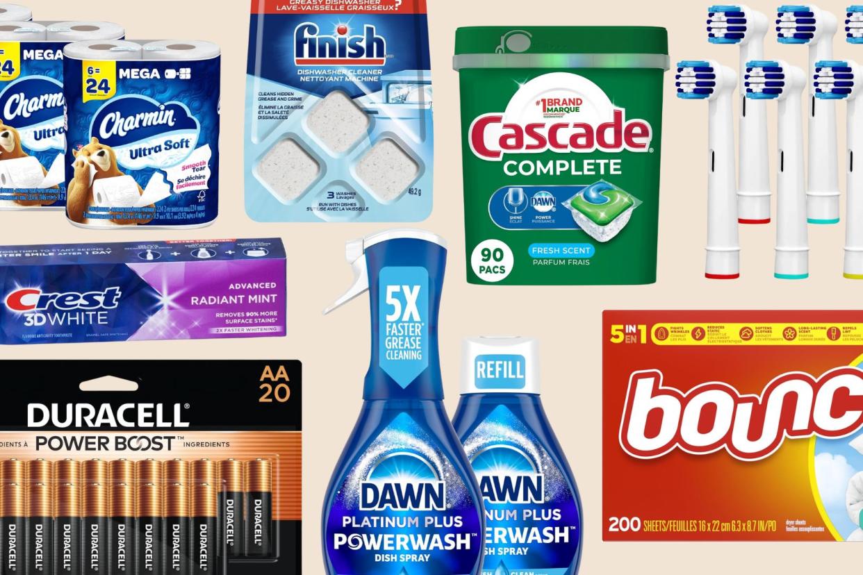 amazon charmin toilet paper, crest toothpaste, duracell batteries, dawn dish soap, finish tablets, cascade tablets, bounce dryer sheets, toothbrush replacement heads