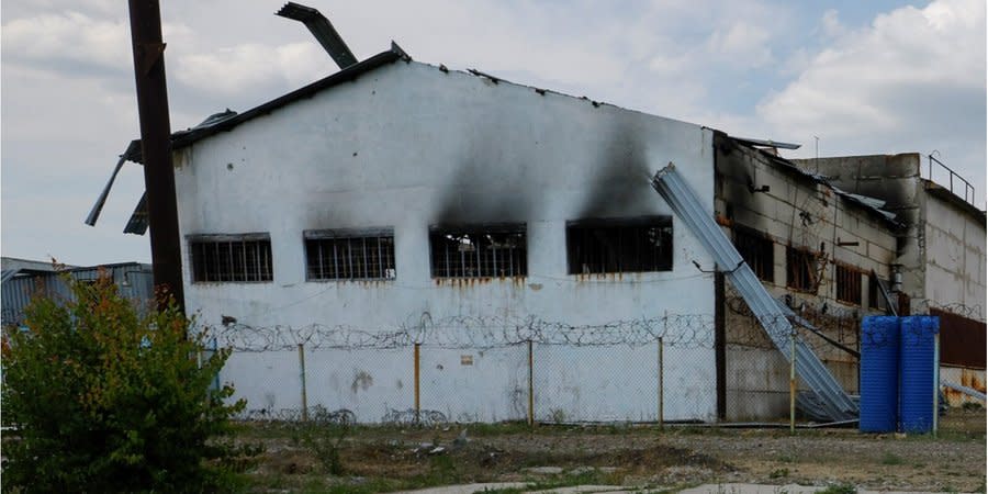 The burnt barrack for Ukrainian POWs in Olenivka