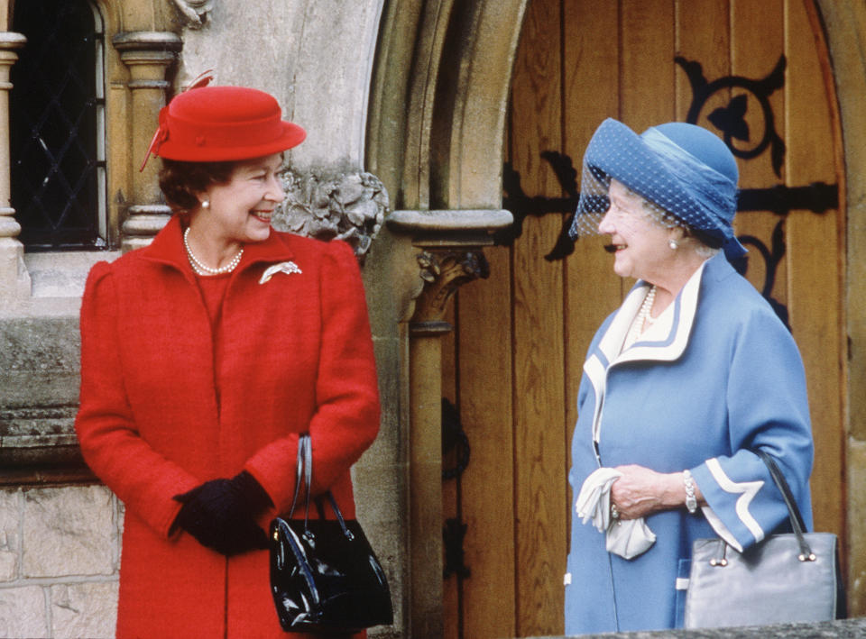 Queen Elizabeth II and the Queen Mother at All Saints Church in Windsor, 1987.&nbsp;