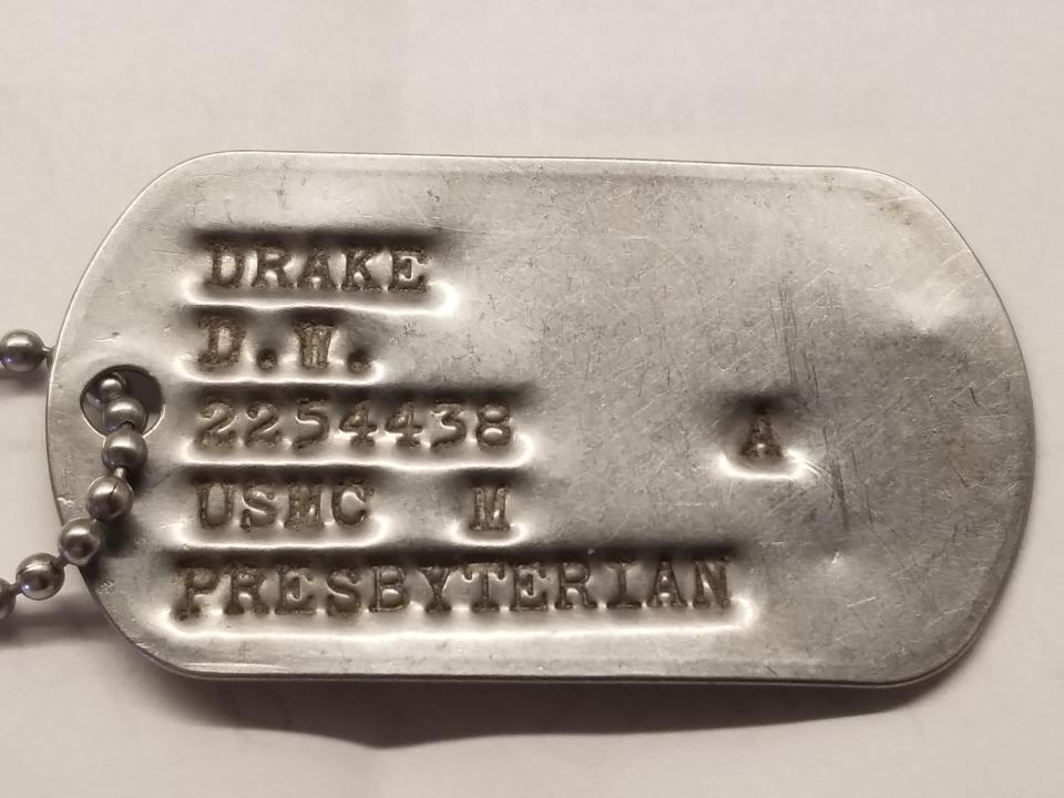 Dog tag for Donald Drake of Newton, N.J., who was killed in Vietnam on New Year's Eve 1966.  The dog tag was found by a friend of a French journalist in a shop in Danang, Vietnam.  The French journalist tracked down Donald's brother, Brian, in Washington State and recently returned the dog tag.