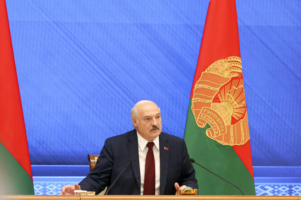 Belarusian President Alexander Lukashenko speaks during an annual press conference in Minsk, Belarus, Monday, Aug. 9, 2021.Belarus' authoritarian leader on Monday charged that the opposition was plotting a coup in the runup to last year's presidential election that triggered a monthslong wave of mass protests. President Alexander Lukashenko held his annual press conference on Monday, the one-year anniversary of the vote that handed him a sixth term in office but was denounced by the opposition and the West as rigged. (Nikolay Petrov/BelTA photo via AP)