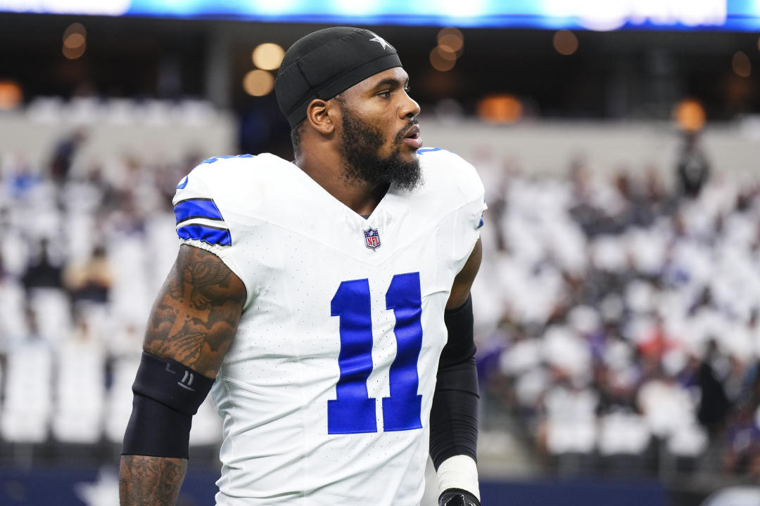 ARLINGTON, TX - SEPTEMBER 22: Micah Parsons #11 of the Dallas Cowboys warms up prior to an NFL football game against the Baltimore Ravens at AT&T Stadium on September 22, 2024 in Arlington, Texas. (Photo by Cooper Neill/Getty Images)