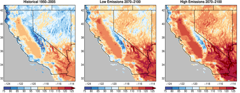 SIO figure: fine-scale (6 km) projected changes in California's average hottest day of the year by the end of this century