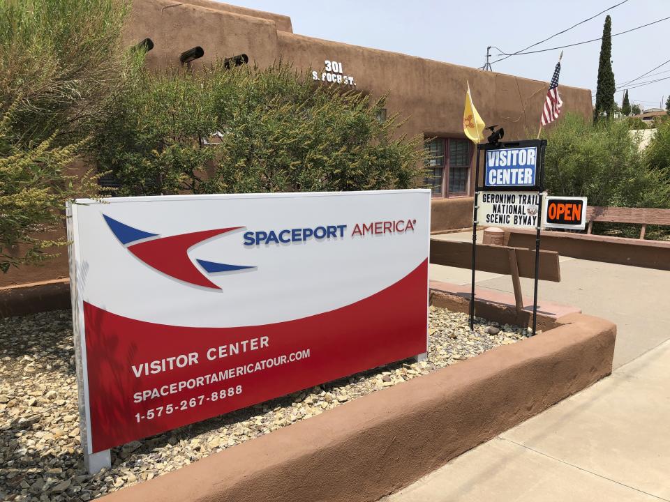 This July 12, 2021 image shows the entrance to the visitor center in Truth or Consequences, New Mexico. Residents of the eclectic desert community are hopeful that more economic benefits will begin to trickle down to local businesses following Richard Branson's flight with his Virgin Galactic crew mates from nearby Spaceport America. (AP Photo/Susan Montoya Bryan)