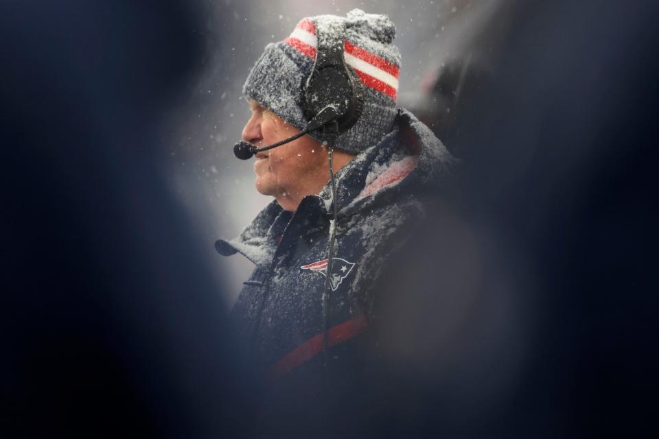 New England Patriots head coach Bill Belichick watches from the sidelines during the first half of an NFL football game against the New York Jets, Sunday, Jan. 7, 2024, in Foxborough, Mass. (AP Photo/Michael Dwyer)