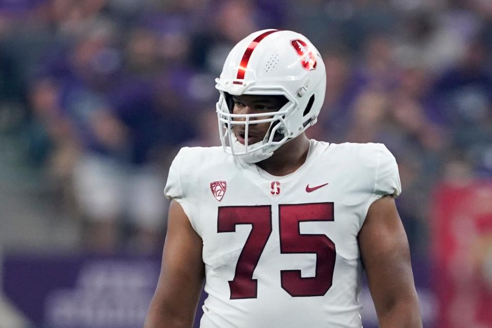 Stanford offensive tackle Walter Rouse (75) lines up against Stanford during an NCAA college football game in Arlington, Texas, Saturday, Sept. 4, 2021. (AP Photo/Tony Gutierrez)