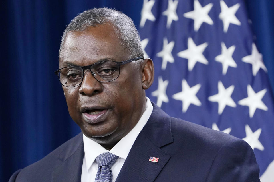 FILE - Secretary of Defense Lloyd Austin speaks during a briefing at the Pentagon in Washington on Sept. 1, 2021. As deadlines loom for military and defense civilians to get mandated COVID-19 vaccines, senior leaders must now wrestle with the fate of those who flatly refuse the shots or are seeking exemptions, and how to make sure they are treated fairly and equally. (AP Photo/Susan Walsh, File)