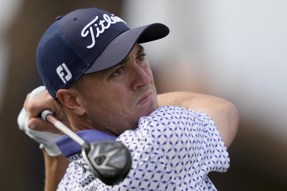 Justin Thomas watches his tee shot on the second hole of the Pete Dye Stadium Course during the final round of the American Express golf tournament, Sunday, Jan. 21, 2024, in La Quinta, Calif. (AP Photo/Ryan Sun)