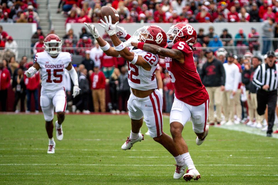 Oklahoma White Team’s Peyton Bowen (22) reaches for a pass intended for Oklahoma Red Team’s <a class="link " href="https://sports.yahoo.com/ncaaf/players/322747" data-i13n="sec:content-canvas;subsec:anchor_text;elm:context_link" data-ylk="slk:Andrel Anthony;sec:content-canvas;subsec:anchor_text;elm:context_link;itc:0">Andrel Anthony</a> (5) during a spring scrimmage game at Gaylord Family Oklahoma Memorial Stadium in Norman Okla., on Saturday, April 22, 2023. NATHAN J. FISH/THE OKLAHOMAN / USA TODAY NETWORK