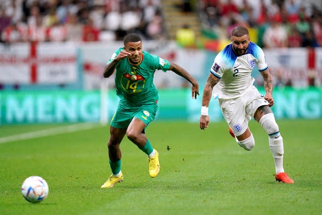 Kyle Walker (right) and Ismail Jakobs battle for possession in England's 3-0 last-16 win against Senegal (Adam Davy/PA).