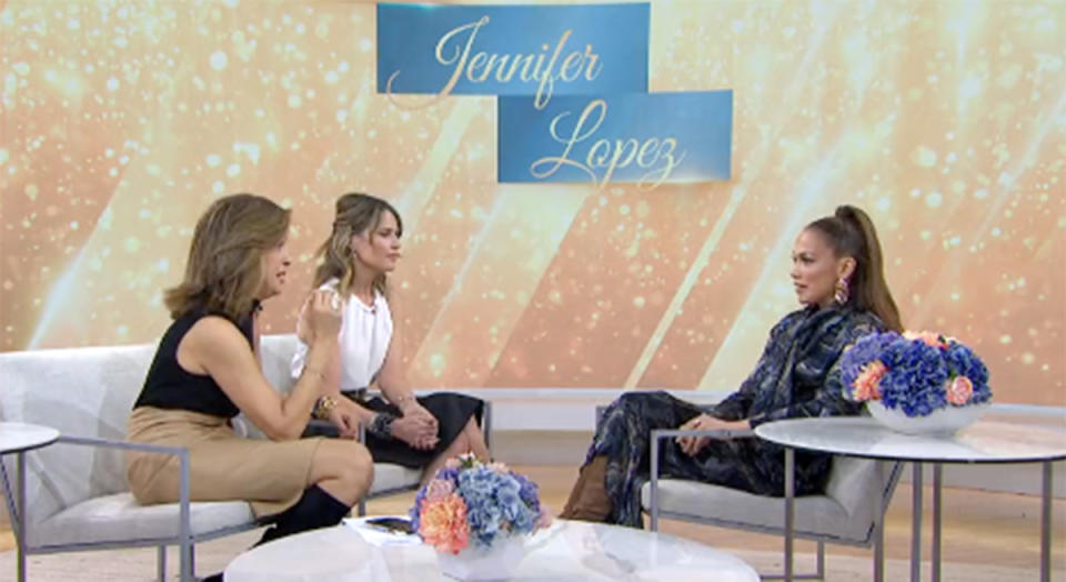 A screengrab of Hoda Kotb and Savannah Guthrie interviewing Jennifer Lopez on the Today show. Photo: Today/NBC.