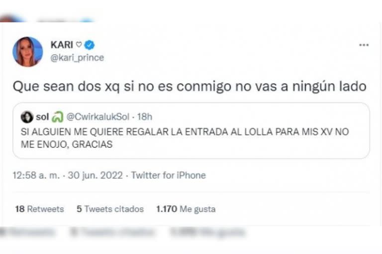 La respuesta de Karina a la su hija (Captuta Twitter)