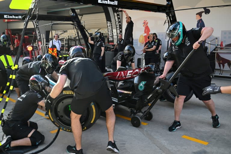 Mechanics practice pit stops with the car of Mercedes' British driver Lewis Hamilton ahead of the Formula One Chinese Grand Prix in Shanghai (Pedro PARDO)