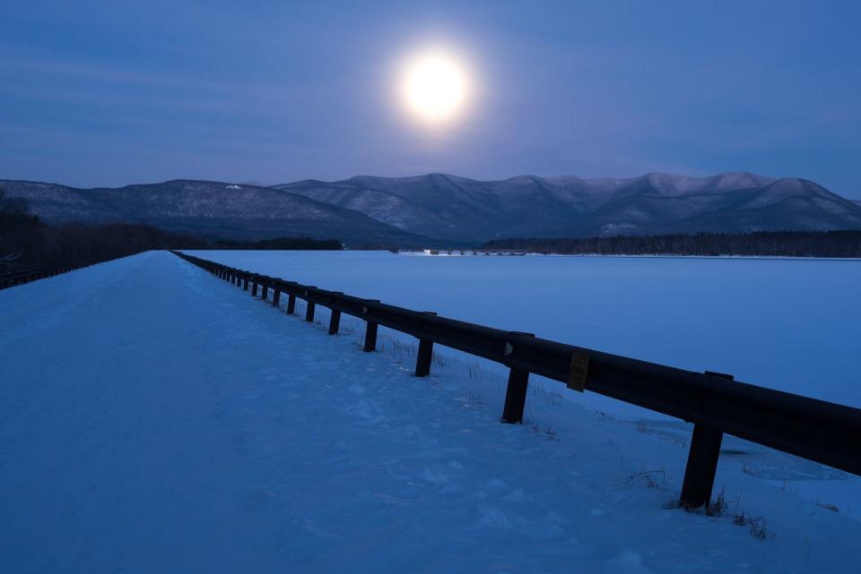 new york catskill mountains ashokan reservoir in winter moonlight