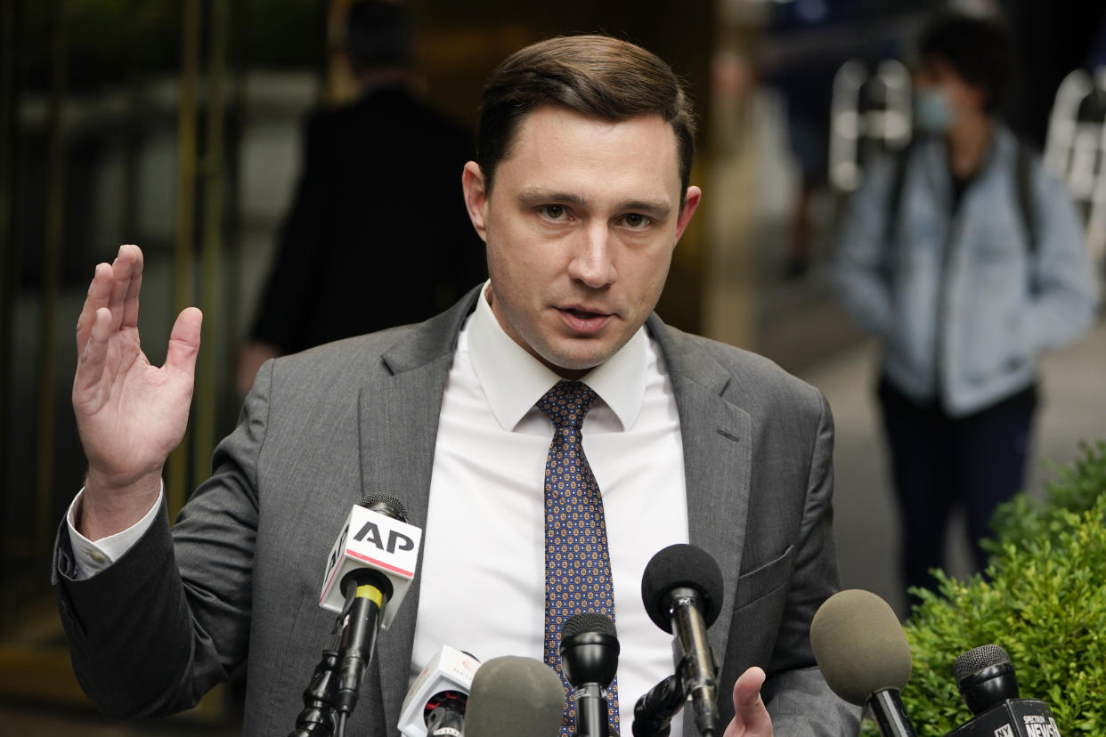 Lawyer Benjamin Dictor speaks to reporters after helping to depose former President Donald Trump in New York, Monday, Oct. 18, 2021. Trump is in New York City to provide a videotaped deposition in a case about his security team's crackdown on a protest during the early days of his presidential campaign in 2015. (AP Photo/Seth Wenig)