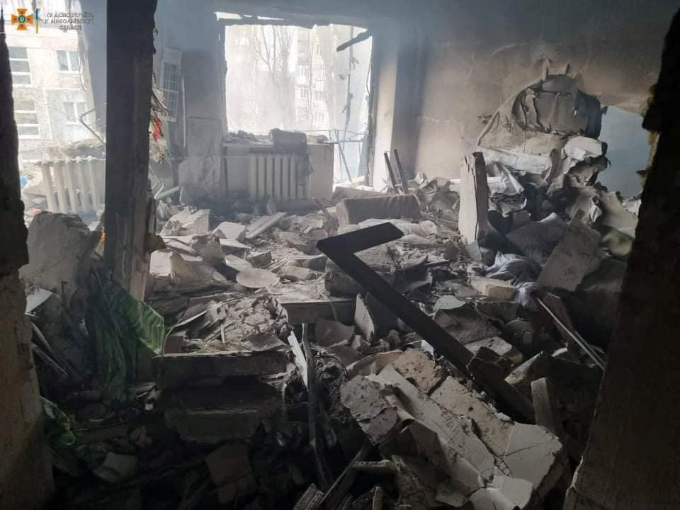 An interior view shows a residential building damaged by shelling, amid the Russian invasion of Ukraine, in Mykolaiv, Ukraine, in this handout picture released March 7, 2022.  Press service of the State Emergency Service of Ukraine/Handout via REUTERS ATTENTION EDITORS - THIS IMAGE HAS BEEN SUPPLIED BY A THIRD PARTY.