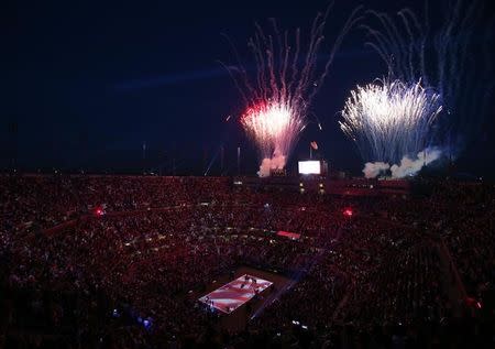 Fireworks light the sky during the opening ceremony at the 2014 U.S. Open tennis tournament in New York, August 25, 2014. REUTERS/Adam Hunger