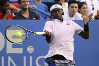 Mikael Ymer, of Sweden, hits a forehand to Nick Kyrgios, of Australia, at the Citi Open tennis tournament Saturday, Aug. 6, 2022, in Washington. (AP Photo/Nick Wass)