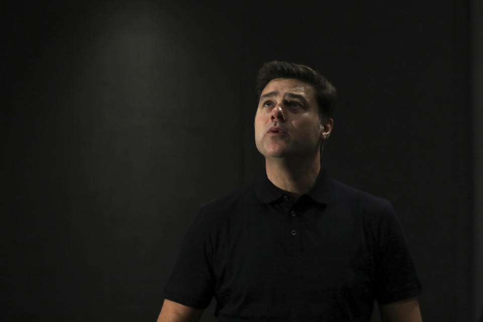 Former Tottenham's manager Mauricio Pochettino speaks during an interview in Doha, Qatar, Saturday, Dec. 21, 2019. (AP Photo/Hassan Ammar)