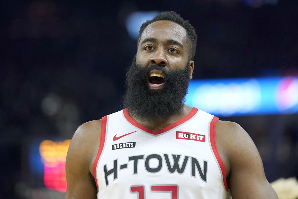 Houston Rockets guard James Harden questions a referee's call during the first half of the team's NBA basketball against the Golden State Warriors in San Francisco, Wednesday, Dec. 25, 2019. (AP Photo/Tony Avelar)