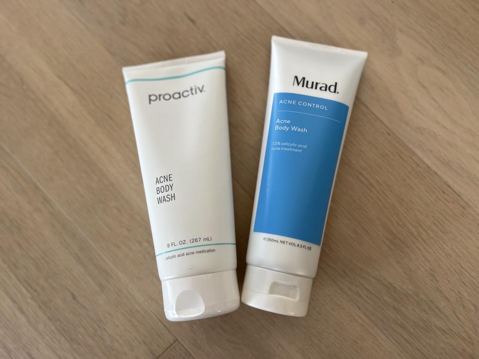 our top two best body washes for acne that we tested, the proactiv acne body wash and the murad acne body wash