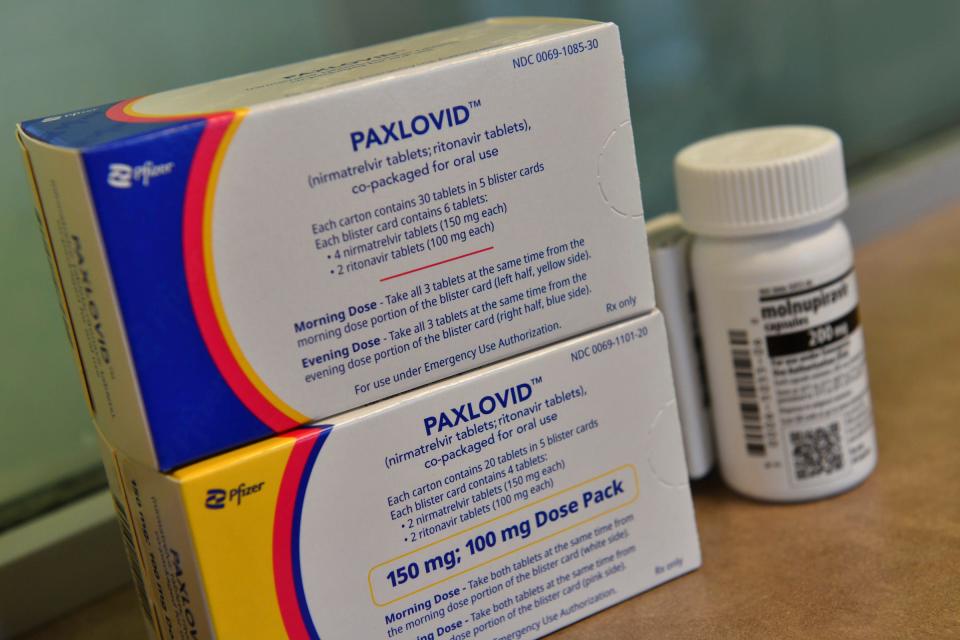 Samples of oral COVID-19 medication are pictured Thursday, May 19, 2022, at the St. Cloud Hospital outpatient pharmacy.