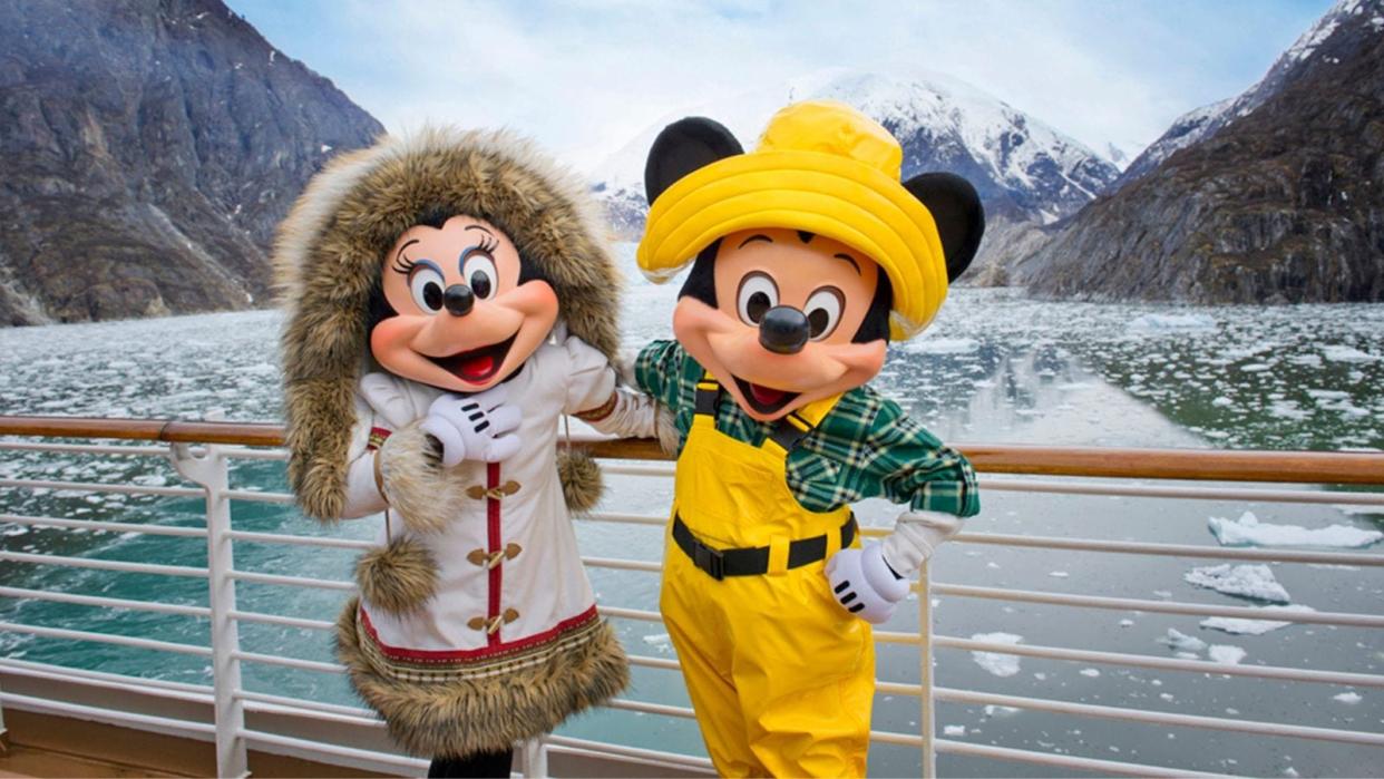 Minnie and Mickey Mouse on a Disney cruise in Alaska.