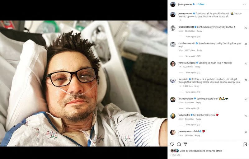 A selfie of actor Jeremy Renner on a hospital bed, posted on Instagram