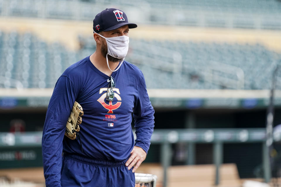 MINNEAPOLIS, MN - JULY 03: Manager Rocco Baldelli #5 of the Minnesota Twins looks on during a summer camp workout on July 3, 2020 at Target Field in Minneapolis, Minnesota. (Photo by Brace Hemmelgarn/Minnesota Twins/Getty Images)