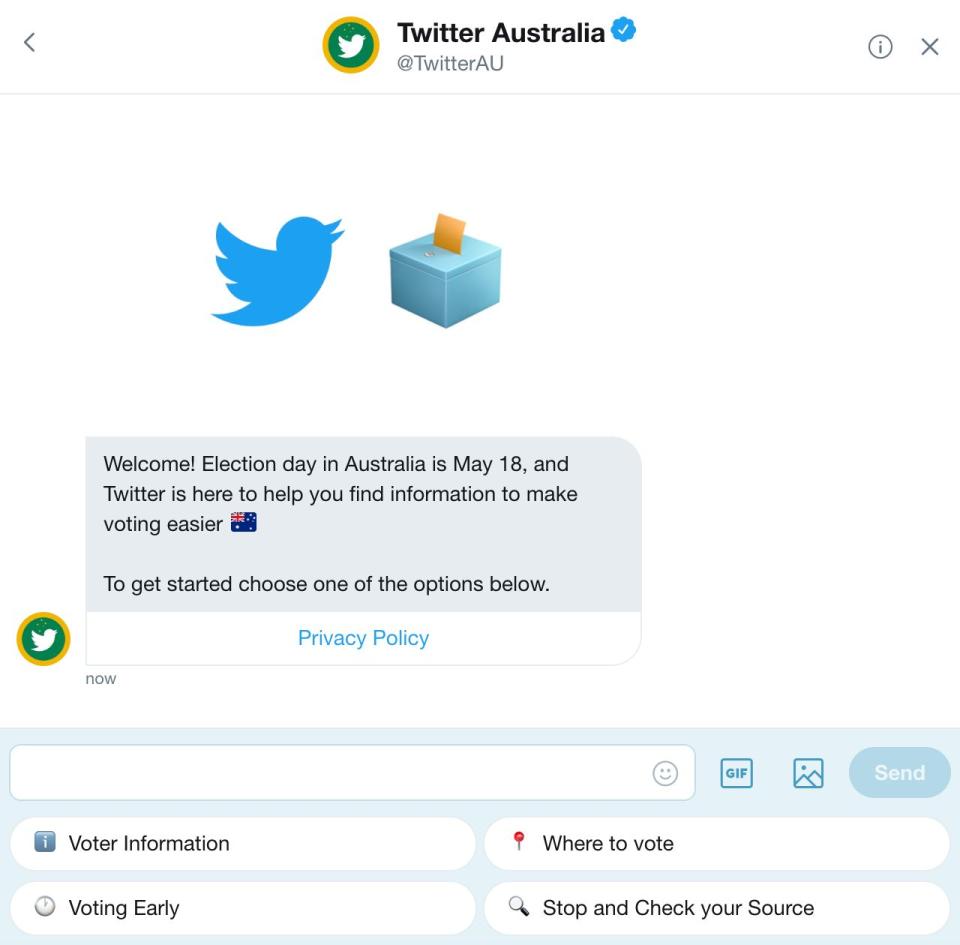 Twitter's #AusVotes2019 Chatbot. Source: Twitter