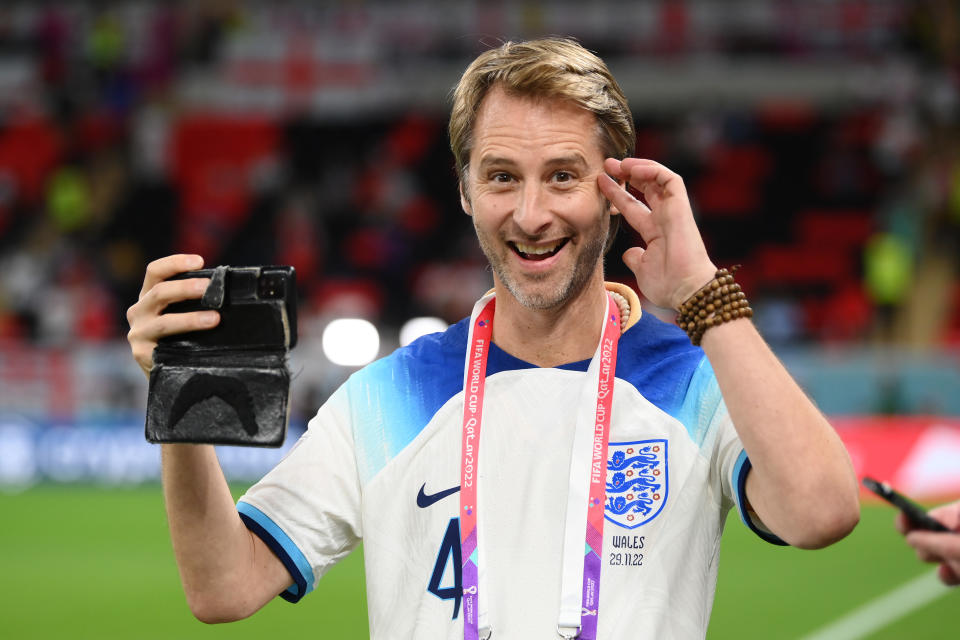 DOHA, QATAR - NOVEMBER 29: Singer Chesney Hawkes reacts during the FIFA World Cup Qatar 2022 Group B match between Wales and England at Ahmad Bin Ali Stadium on November 29, 2022 in Doha, Qatar. (Photo by Shaun Botterill - FIFA/FIFA via Getty Images)