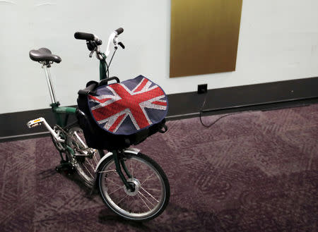 FILE PHOTO: A bag with a British Union Jack flag is pictured on a folding bike in Bern, Switzerland December 12, 2018. REUTERS/Denis Balibouse/File Photo