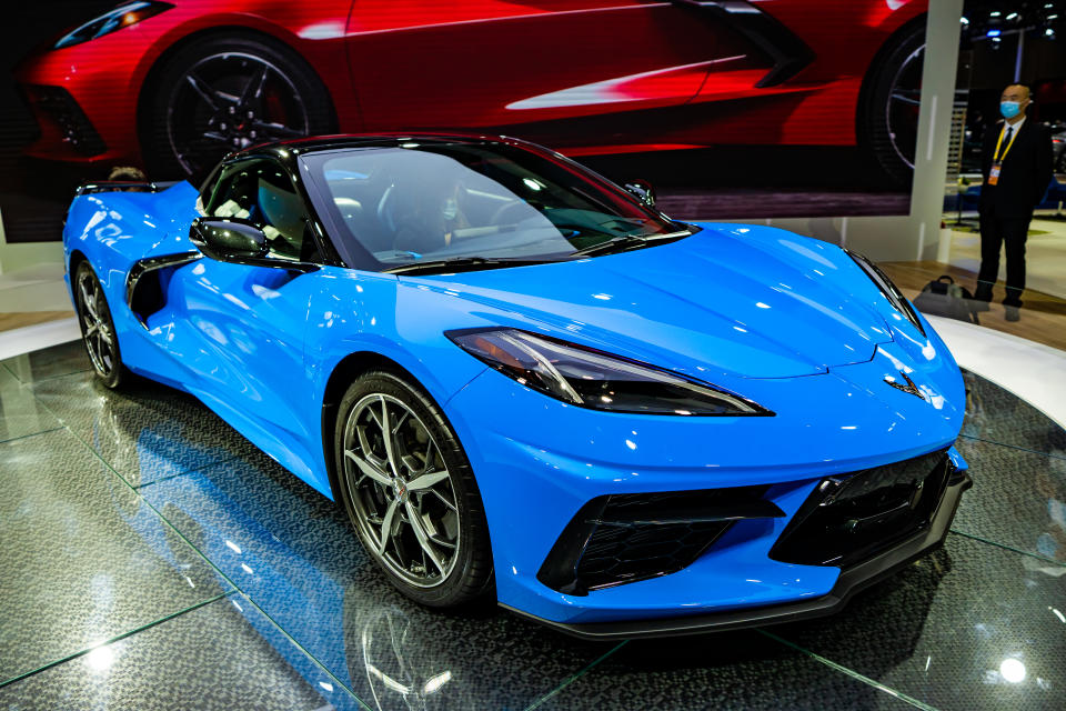 SHANGHAI, CHINA - NOVEMBER 05: A Chevrolet Corvette sports car is on display during the 3rd China International Import Expo (CIIE) at the National Exhibition and Convention Center on November 5, 2020 in Shanghai, China. (Photo by VCG/VCG via Getty Images)