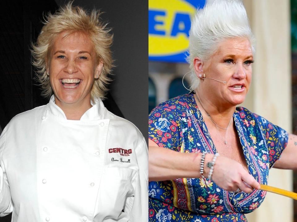 On the left, Anne Burrell in a white chef's outfit. On the right, her in a colorful patterned shirt.