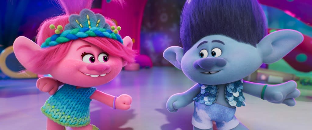 (from left) Poppy (Anna Kendrick) and Branch (Justin Timberlake) in Trolls Band Together, directed by Walt Dohrn.