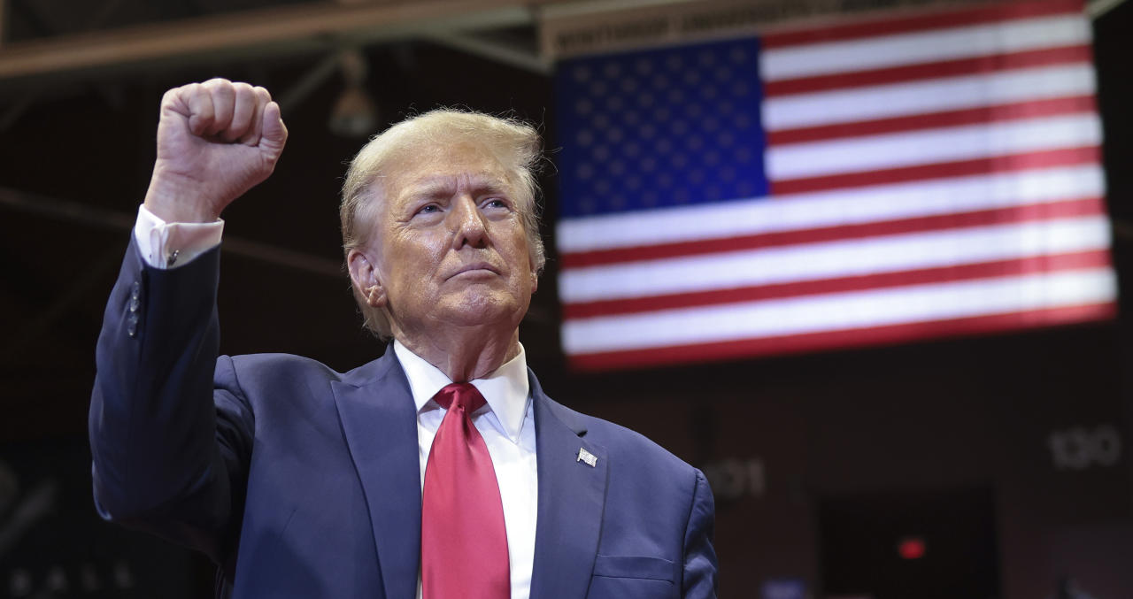 Donald Trump gestures to supporters after speaking at a Get Out The Vote rally at Winthrop University on February 23, 2024 in Rock Hill, South Carolina. (Win McNamee/Getty Images)