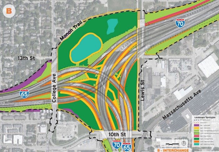 A map of the topology of the North Split interchange once the reconstruction is finished. Green and blue colors represent plantings, and yellow and orange colors represent buffers.