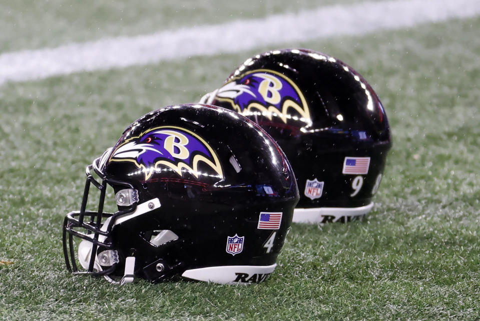 FOXBOROUGH, MA - NOVEMBER 15: Ravens helmets on the turf in warm up before a game between the New England Patriots and the Baltimore Ravens on November 15, 2020, at Gillette Stadium in Foxborough, Massachusetts. (Photo by Fred Kfoury III/Icon Sportswire via Getty Images)