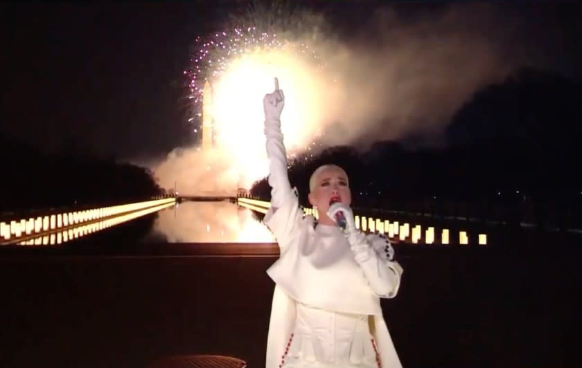 In this screengrab, Katy Perry performs during the Celebrating America Primetime Special